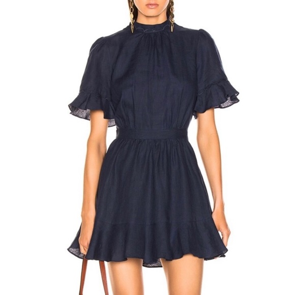 Frame Denim Dresses & Skirts - Frame Navy Linen Scalloped Flounce Mini Dress